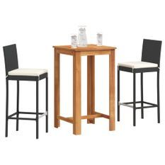 Ensemble de bar de jardin 3 pcs noir bois massif acacia rotin