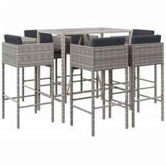 Ensemble de bar de jardin 7 pcs avec coussins gris poly rotin