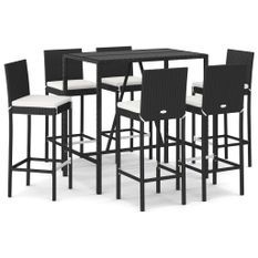 Ensemble de bar de jardin 7 pcs avec coussins noir poly rotin