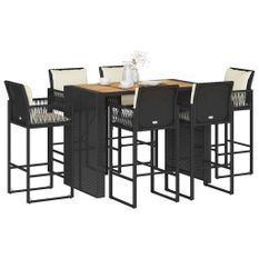 Ensemble de bar de jardin 7 pcs avec coussins noir poly rotin