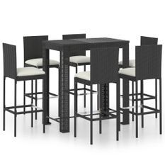 Ensemble de bar de jardin 7 pcs et coussins Résine tressée Noir 6