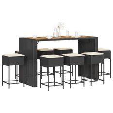 Ensemble de bar de jardin 9 pcs avec coussins noir poly rotin