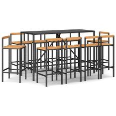 Ensemble de bar jardin 11pcs noir poly rotin/bois massif acacia