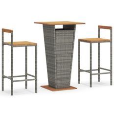 Ensemble de bar jardin 3 pcs gris poly rotin/bois massif acacia