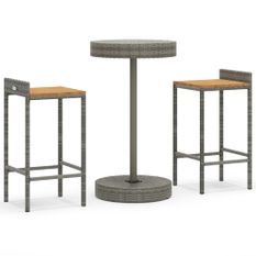 Ensemble de bar jardin 3 pcs gris poly rotin/bois massif acacia