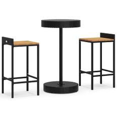 Ensemble de bar jardin 3 pcs noir poly rotin/bois massif acacia