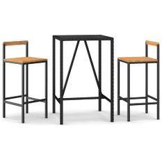 Ensemble de bar jardin 3 pcs noir poly rotin/bois massif acacia