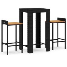Ensemble de bar jardin 3 pcs noir poly rotin/bois massif acacia