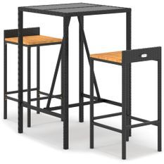 Ensemble de bar jardin 3 pcs noir poly rotin/bois massif acacia