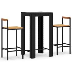 Ensemble de bar jardin 3 pcs noir poly rotin/bois massif acacia