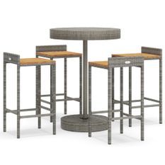 Ensemble de bar jardin 5 pcs gris poly rotin/bois massif acacia