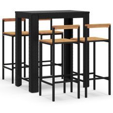 Ensemble de bar jardin 5 pcs noir poly rotin/bois massif acacia