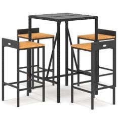 Ensemble de bar jardin 5 pcs noir poly rotin/bois massif acacia