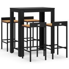 Ensemble de bar jardin 5 pcs noir poly rotin/bois massif acacia