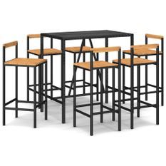 Ensemble de bar jardin 7 pcs noir poly rotin/bois massif acacia