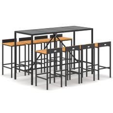 Ensemble de bar jardin 9 pcs noir poly rotin/bois massif acacia