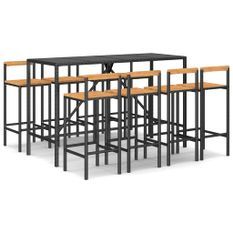 Ensemble de bar jardin 9 pcs noir poly rotin/bois massif acacia