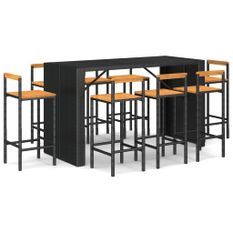 Ensemble de bar jardin 9 pcs noir poly rotin/bois massif acacia