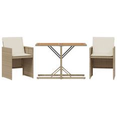 Ensemble de bistro 3 pcs avec coussins beige résine tressée