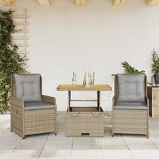 Ensemble de bistro 3 pcs avec coussins beige résine tressée