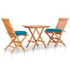 Ensemble de bistro 3 pcs avec coussins bleu clair Bois de teck