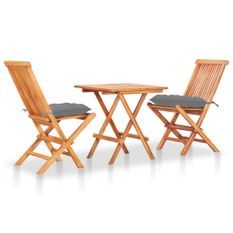 Ensemble de bistro 3 pcs avec coussins gris Bois de teck massif 2