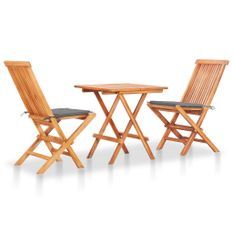 Ensemble de bistro 3 pcs avec coussins gris Bois de teck massif