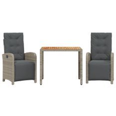 Ensemble de bistro 3 pcs avec coussins gris résine tressée