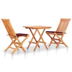 Ensemble de bistro 3 pcs avec coussins rouge bordeaux Teck 2