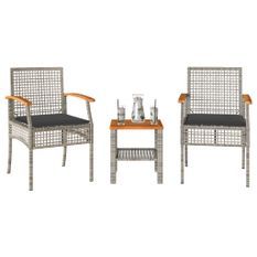 Ensemble de bistro 3 pcs et coussins gris résine tressée acacia