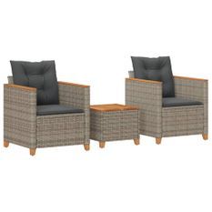 Ensemble de bistro 3 pcs et coussins gris résine tressée acacia