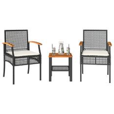 Ensemble de bistro 3 pcs et coussins noir résine tressée acacia