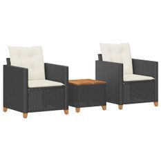 Ensemble de bistro 3 pcs et coussins noir résine tressée acacia