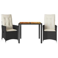 Ensemble de bistro 3 pcs et coussins noir résine tressée acacia