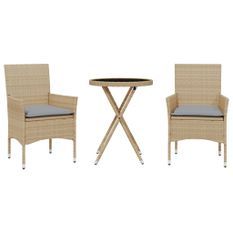 Ensemble de bistro avec coussins 3 pcs beige rotin et verre