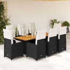 Ensemble de bistro de jardin 9 pcs coussins noir poly rotin