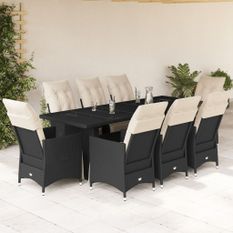 Ensemble de bistro de jardin 9 pcs coussins noir poly rotin