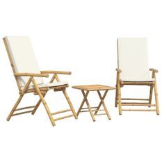 Ensemble de bistro pliante 3 pcs et coussins blanc crème bambou