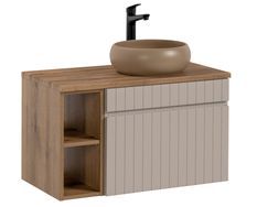 Meuble de salle de bain EMBLEMATIC 80 cm – Façade taupe, bois naturel & vasque ronde en céramique