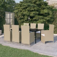 Ensemble de salle à manger de jardin avec coussins 9 pcs Beige