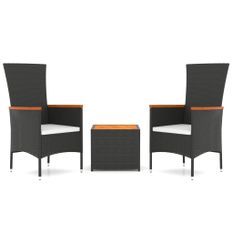 Ensemble de salon de jardin 3 pcs noir poly rotin et acacia