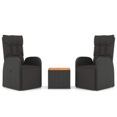 Ensemble de salon de jardin 3 pcs noir poly rotin et acacia