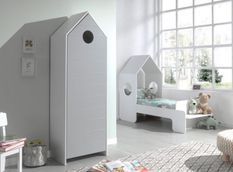 Ensemble lit maison blanc avec banc 70x140 cm et armoire gris bois laqué Camila