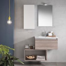 Ensemble meuble de salle de bain 1 étagère 1 armoire bois clair et miroir lumineux Teph L 70 cm