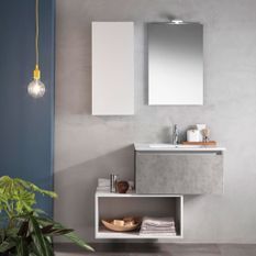 Ensemble meuble de salle de bain 1 étagère 1 armoire effet béton et laqué blanc et miroir lumineux Teph L 70 cm