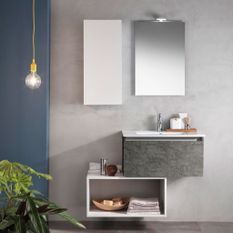 Ensemble meuble de salle de bain 1 étagère 1 armoire gris oxyde et laqué blanc et miroir lumineux Teph L 70 cm