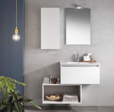 Ensemble meuble de salle de bain 1 étagère 1 armoire laqué blanc et miroir lumineux Teph L 70 cm