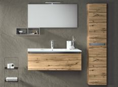 Ensemble meuble de salle de bain 1 tiroir 1 colonne chêne clair et miroir à LED Teph L 100 cm