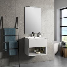 Ensemble meuble de salle de bain 1 tiroir blanc effet pierre et miroir lumineux Noe L 60 cm