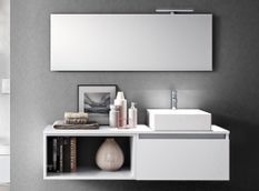 Ensemble meuble de salle de bain 1 tiroir blanc mat avec étagère et miroir à LED Teph L 140 cm